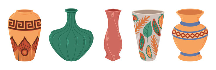 Colored ceramic vases set. Porcelain vase for flowers, antique pottery, floral and abstract patterns. Vase pottery for decoration. Trendy flat style isolated on white. Vector illustration