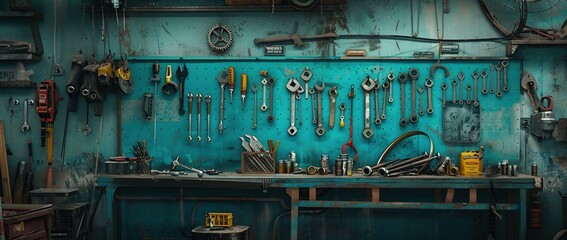 Aufkleber - Tool shelf against a table and wall, vintage garage style. Tools in a bike mechanic workshop.