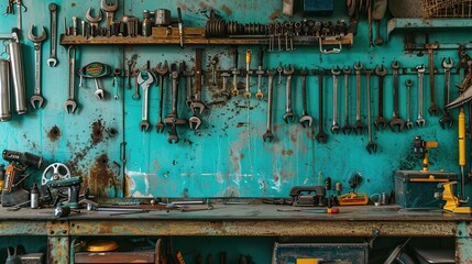 Aufkleber - Tools on a metal board. Various tools hang on a wall in a workshop background.