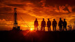 silhouette of six individuals wearing hard hats, against an industrial backdrop with a drilling rig. Sunset sky, painted with vibrant orange and red hues, creates a striking contrast