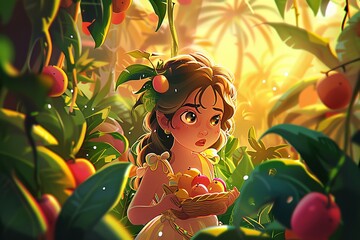 Wall Mural - Cute princess in jungle collecting fruits