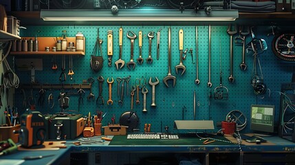 Aufkleber - Old tools hanging on wall in workshop, Tool shelf against a table and wall, vintage garage style.