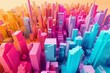 Vibrant 3d illustration of a city skyline with a warm sunset gradient