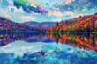 Artistic rendering of a tranquil lake with colorful autumn foliage reflecting on water