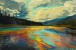 Artistic rendering of a tranquil river scene with colorful, surreal sky and reflections