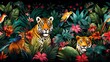 © Gomez - Fantasy Jungle, tropical illustration. Tiger, leopard, panther, monkey, parrots, flamingo, palm trees, flowers. wild African animals. Amazon forest animal on wallpaper for kids room, interior design