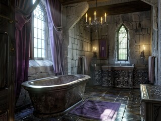 Wall Mural - Medieval bathroom with stone arches and architecture, capturing the essence of ancient times