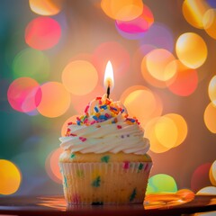 Wall Mural - A sweet anniversary cake, elegantly decorated with icing and candles, symbolizing a year of love and happiness