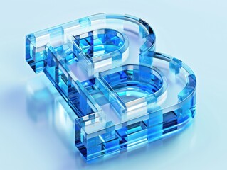 letter B presented in a glassy 3D design, featuring a tranquil blue and white color scheme, emphasizing clarity and transparency