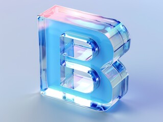 letter B presented in a glassy 3D design, featuring a tranquil blue and white color scheme, emphasizing clarity and transparency