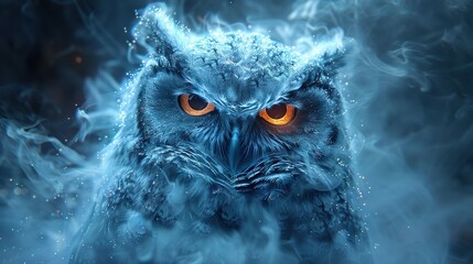 Wall Mural -   A close-up of an owl with smoke swirling around its eyes and a fiery ball in the background