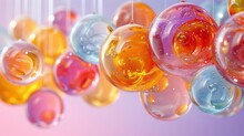  A Cluster Of Vibrantly Hued Bubbles Dangling On A String Against A Backdrop Of Pink, Blue, Yellow, And Purple