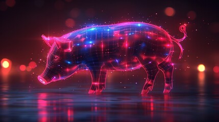 Canvas Print -   A digital pig stands in a body of water with red and blue lights illuminating its sides