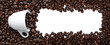 Coffee, cup and empty space among coffee beans