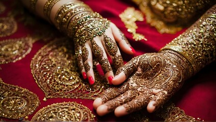Indian wedding bangles and mehandi henna coloured hands with reflective ornament