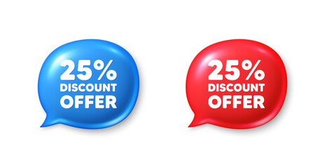 25 percent discount. Chat speech bubble 3d icons. Sale offer price sign. Special offer symbol. Discount chat offer. Speech bubble banners set. Text box balloon. Vector