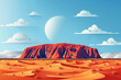 Paper cutout of Uluru under a clear blue sky, featuring gentle sand dunes and sparse desert vegetation in bold colors..