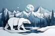 This paper cutout illustration beautifully shows a polar bear traversing a snowy Churchill landscape with mountains reflected in a serene lake.
