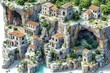 Isometric vector featuring a cliffside monastery complex, reminiscent of the Gorges du Verdon. AI Generated