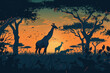 A vector illustration capturing a serene twilight in the safari with giraffes amid a vibrant sunset backdrop. AI Generated