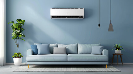 Sticker - Air conditioner hanging on the wall of a cozy blue room above the sofa