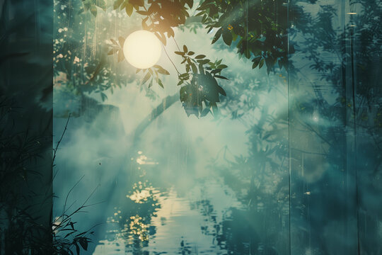 Abstract image of the moon shining through foliage, a reflection in water, a glass door with light coming from behind it, a forest scene, light blue and green colors, soft lighting, serene atmosphere