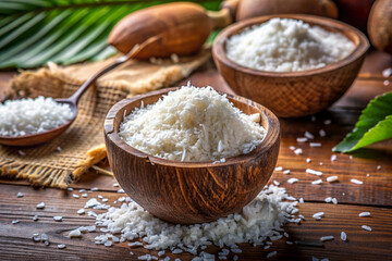 Coconut flakes in a bowl with natural lighting highlighting texture and detail on wooden table