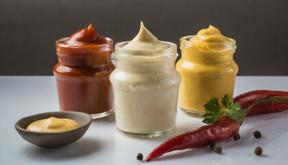 Wall Mural - A trio of sauces - mayonnaise, mustard, and ketchup on white background 