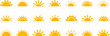 Sun half icon, sunrise ray, morning light, yellow burst, summer symbol. Solar shine set isolated on white background. Cartoon vector illustration