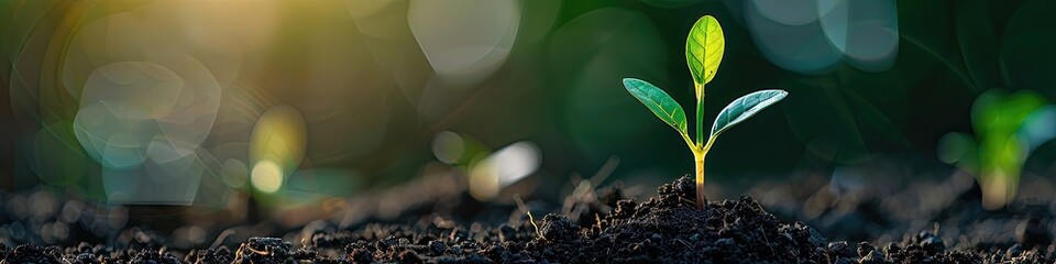 A small green plant is growing in the dirt