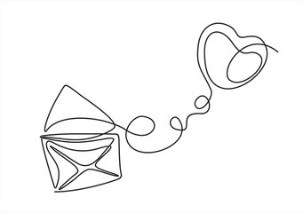 Wall Mural - Envelope with a heart one line drawing. Continuous line drawing of paper envelope with  heart. Flying love envelope continuous line.New message or letter sent by email.