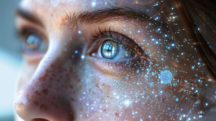 Close-up of a woman's eye with glowing digital graphics.  generative ai