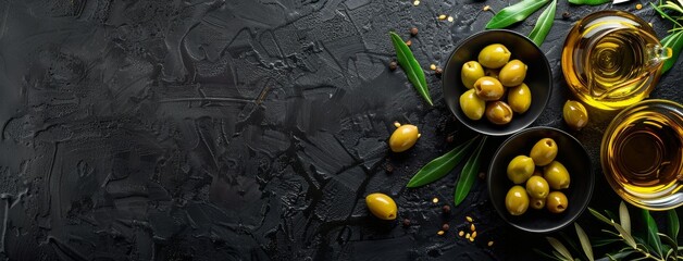 Wall Mural - Olives and Olive Oil in Bowls on Dark Background