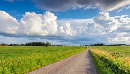 Wall Mural - Landscape in summer featuring grass, a road, and clouds.