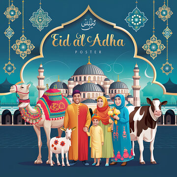 Eid Al Adha mubarak card with moon on elegant satin background