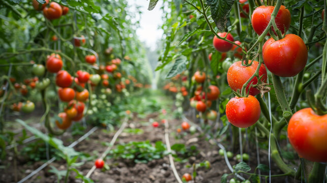 A row of tomato plants with many ripe tomatoes