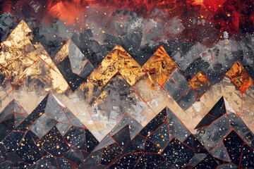 Sticker - A painting of mountains with gold accents and a red sky