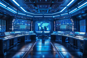 Poster - A computer room with a large monitor that shows a map of the world