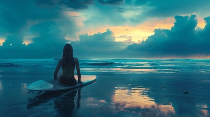 Woman with surfboard sits on the beach, looking at the sea.