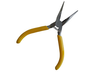 Isolated yellow needle nose type plier, workshop tools and accessories cutout equipment, element object on transparent background