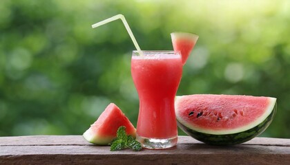 Wall Mural - Watermelon juice in glass and fresh watermelon on blur green nature background,with copy spa