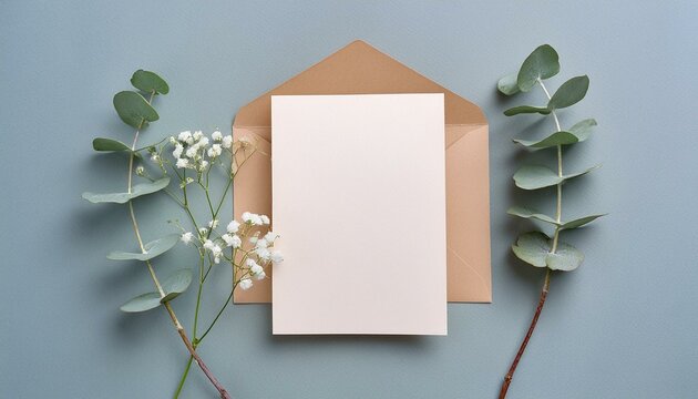 Wedding invitation or greeting card template with eucalyptus and gypsophila flowers