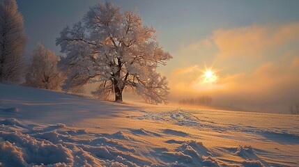 The image captures a serene winter landscape at sunrise or sunset. A single, prominent tree, enveloped in frost and bathed in golden light, stands out against a glowing sky with soft clouds. The tree'