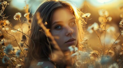 Wall Mural - The image shows a young woman in a field of flowers during the golden hour. Her gaze is directed toward the camera, displaying an expression that is both serene and introspective. The sunlight filters