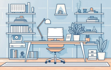 Poster - A contemporary home office featuring a sleek desk and organized bookshelves filled with books and files