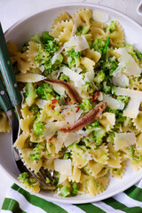 Canvas Print - Pasta with broccoli, anchovies and parmesan. .top veiw.selective focus