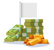 Lot of money pile savings loan heap with empty flag concept. Vector flat cartoon icon illustration	