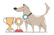 Award dog character with golden medals and cups isolated concept. Vector flat graphic design cartoon illustration