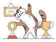 Award cat character with golden medals and cups isolated concept. Vector flat graphic design cartoon illustration