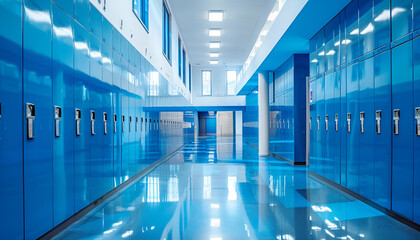 High school lobby with blue shiny lockers. Fitness Gym. Concept of studying and getting knowledge